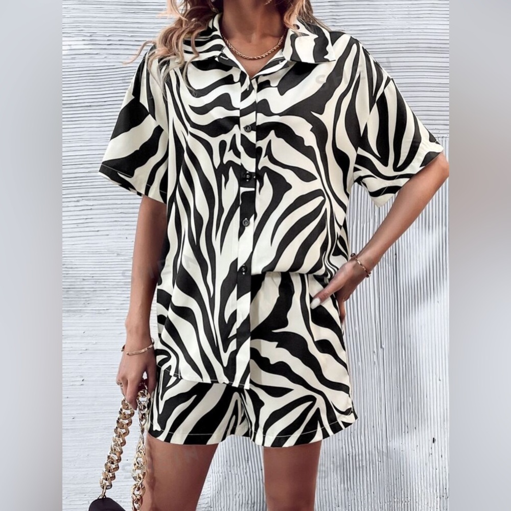 Zebra Print Striped Drop Shoulder Collared Short Sleeve Button Up